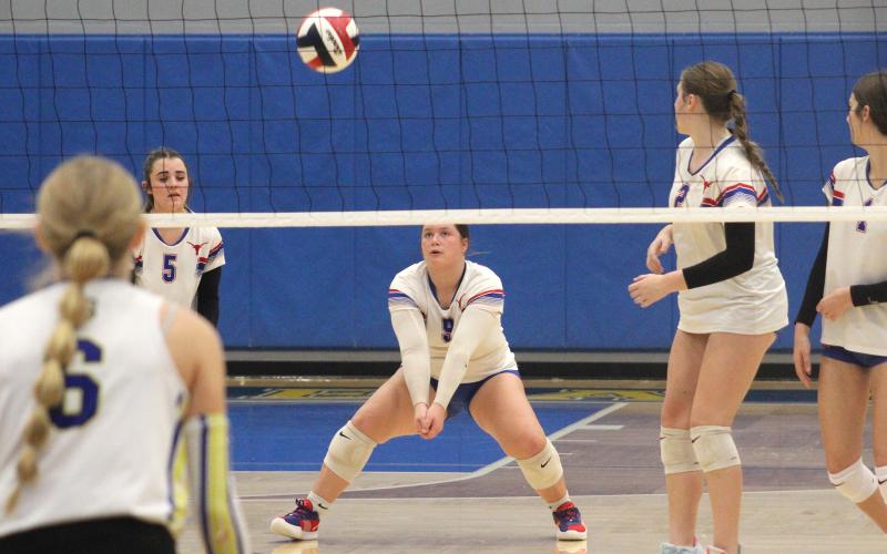 (ALEX HAVARDANKSY | THE GRAHAM LEADER) Hudson Wright goes down for a dig after a Brock serve Thursday, Oct. 2. Wright has been a consistent power hitter and presence on the team during the season.
