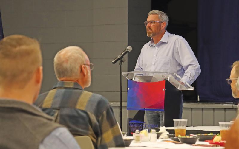 (THOMAS WALLNER | THE GRAHAM LEADER) Graham Mayor Alex Heartfield speaks about projects ongoing and upcoming with the city during a State of the Community presentation with the Graham Chamber of Commerce Quarterly Luncheon. 