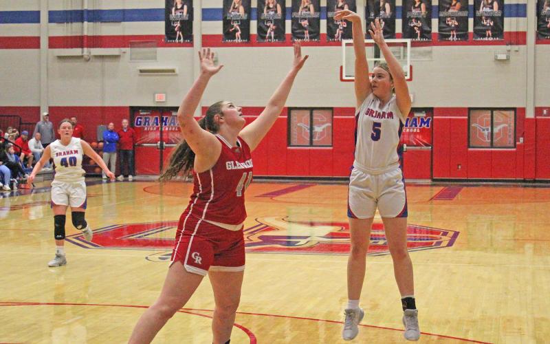 (TC GORDON | THE GRAHAM LEADER) Junior Fayth Bryer (5) shoots over Glen Rose’s tallest defender during Graham’s 54-19 loss to the Lady Tigers last Friday, Feb. 2.
