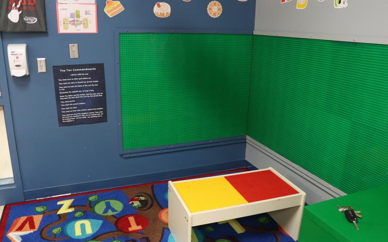 (THOMAS WALLNER | THE GRAHAM LEADER) A room inside Pioneer Elementary School with a black Ten Commandments poster on display on the wall. Graham ISD was donated posters for classrooms throughout the district.