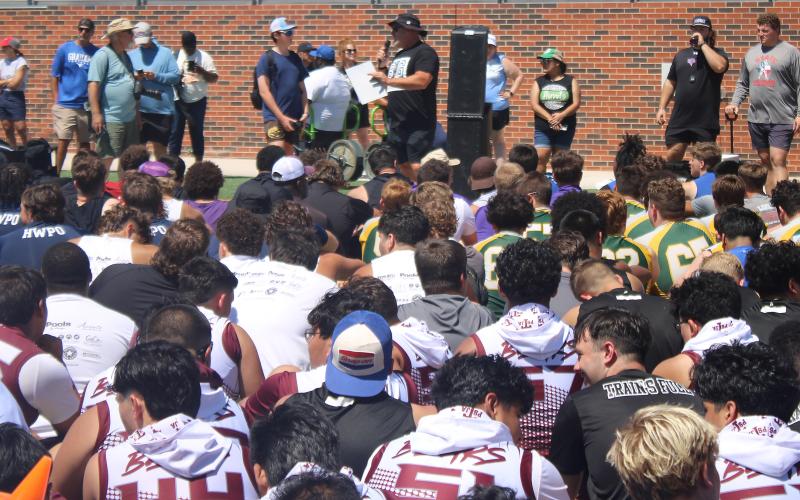 (ALEX HAVARDANSKY | THE GRAHAM LEADER) Lineman athletes gather for the closing awards ceremony of the state lineman challenge Saturday, June 21. Athletes from all around the state competed at Hardin-Simmons University for a chance to be recognized as a top line unit in their respective districts.