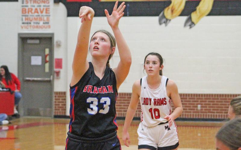 (TC GORDON | THE GRAHAM LEADER) Graham sophomore Briley Randall (33) shoots a free throw after getting fouled during the team’s game Tuesday, Feb. 6 against Mineral Wells. The Lady Blues took a loss 31-24 in their final regular season game.
