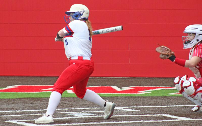 (TC GORDON | THE GRAHAM LEADER) Graham pitcher Reese Calhoun swings at a pitch during one of the team’s games earlier this season. The Lady Blues traveled to Glen Rose and defeated the Lady Tigers 2-0 last Thursday, March 28.