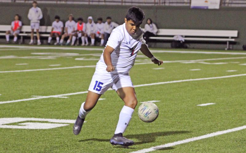 (TC GORDON | THE GRAHAM LEADER) Saul Ramos is only a sophomore but he improves with every game in his first year on the varsity soccer squad. During the Steers’ game against Old High this past week, Ramos scored the equalizer goal for Graham to help force a penalty kick shootout.