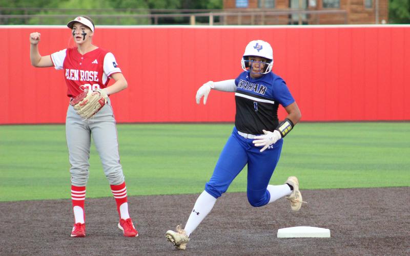 (TC GORDON | THE GRAHAM LEADER) Senior centerfielder Paris Tate rounds second base after a hit and looks to her third base coach for a sign during the team’s 5-3 Senior Night win over Glen Rose in the final home game Tuesday, April 16.