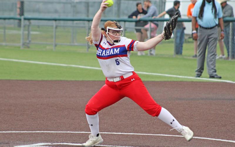 (TC GORDON | THE GRAHAM LEADER) Pitcher Reese Calhoun winds up and releases a pitch during the first game of the area playoffs against Burkburnett. The senior pitched both games of the series, but Graham ultimately lost the series despite keeping the games close.