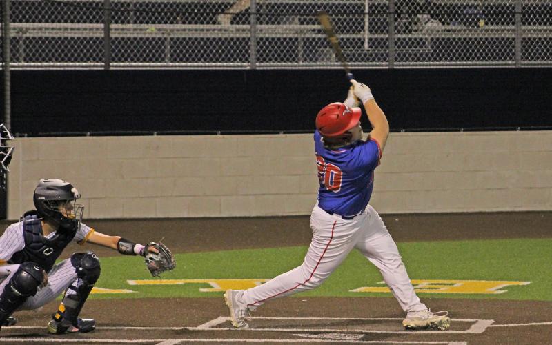 (TC GORDON | THE GRAHAM LEADER) Graham’s Colter Johnson follows through on a big swing during a game against Stephenville a few weeks ago. The Steers traveled to Stephenville for another district matchup Tuesday, March 26 and came home with a close 1-0 win.
