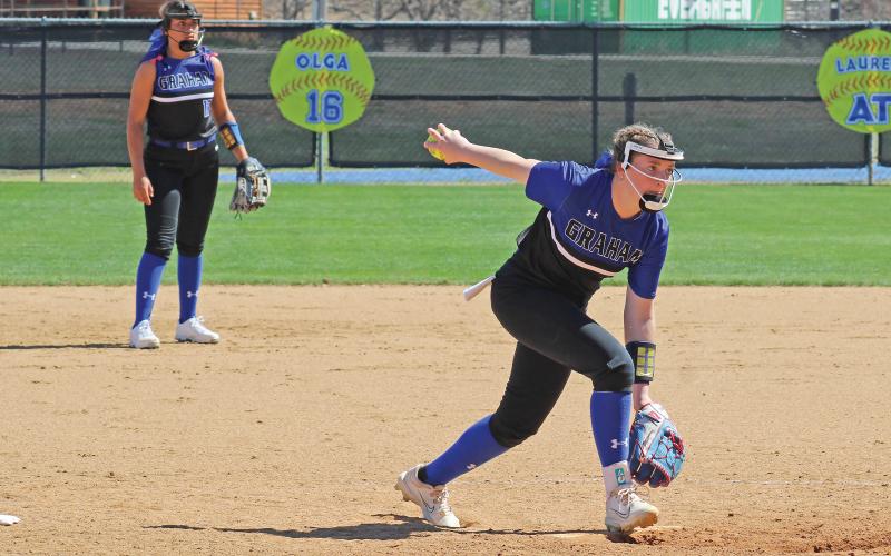 (ARCHIVE PHOTO | THE GRAHAM LEADER) Zoey Harrell pitched a perfect game Friday, March 10 at Bowie High School against Springtown. The Lady Blues defeated the Lady Porcupines 11-0 in the game. Harrell finished the game with eight strikeouts. She added two walks and two runs on offense in the win.