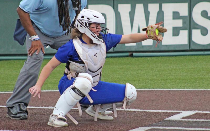 (TC GORDON | THE GRAHAM LEADER) Catcher Meagan Brooks frames a pitch that she receives during the second game of Graham’s series against Burkburnett.