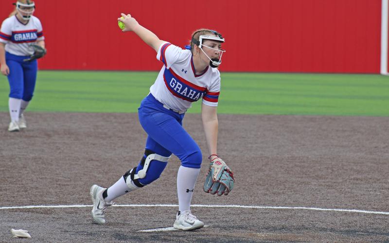(MIKE WILLIAMS | CONTRIBUTED PHOTO) Pitcher Zoey Harrell begins her windup and starts to throw a pitch during Graham’s second game of the bi-district series against Lubbock Estacado. The Lady Blues dominated in both games and earned a bi-district championship.