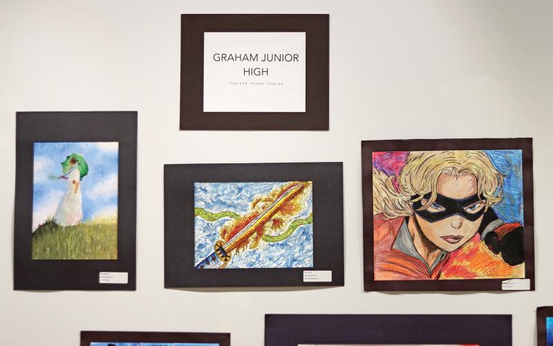 (THOMAS WALLNER | THE GRAHAM LEADER) A selection of artwork from Graham Junior High School that is on display at the Old Post Office Museum and Art Center from April 4-24. Artwork from various schools will be on display within the exhibit.