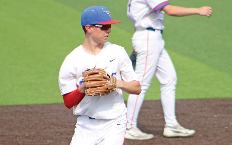 (ALEX HAVARDANSKY | THE GRAHAM LEADER) Ayden McDougal starting at third base for the Steers in their matchup Thursday, April 17. McDougal has been a consistent defensive presence at third base. 
