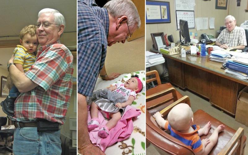 (SAMANTHA WINDER | CONTRIBUTED PHOTO) Curtis Buchanan with his great-grandson Braden, great-granddaughter Holli and great-grandson Chayton at Buchanan Building Supply. The legacy of Buchanan lives on in the store as members of his family continue to work at the store.
