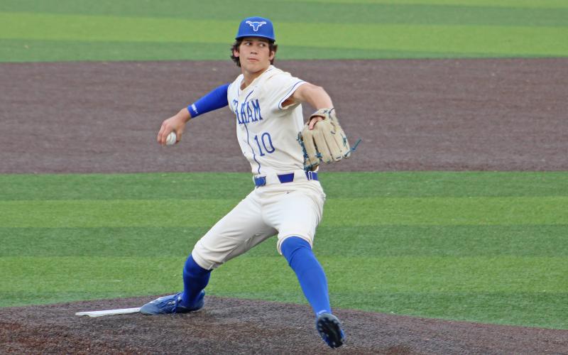 (ALEX HAVARDANSKY | THE GRAHAM LEADER) Bruin Wright pitching Thursday, April 17 for the Steers. Wright was one of the many seniors who graduated and will be moving to college next fall.