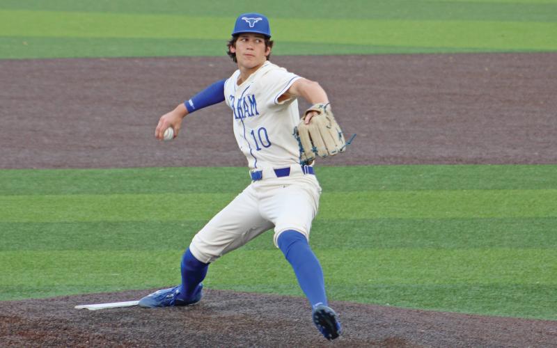 (ALEX HAVARDANSKY | THE GRAHAM LEADER) Bruin Wright sets the tone for the Steers on the mound Thursday, April 17 against the Stephenville Yellow Jackets. Wright didn’t surrender a single run against Stephenville in the contest.