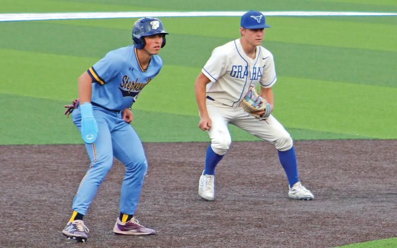 (ALEX HAVARDANSKY | THE GRAHAM LEADER) Harison Brockway covers second base from shortstop Thursday, April 17. Brockway won district co-defensive player of the year for his efforts at the position.