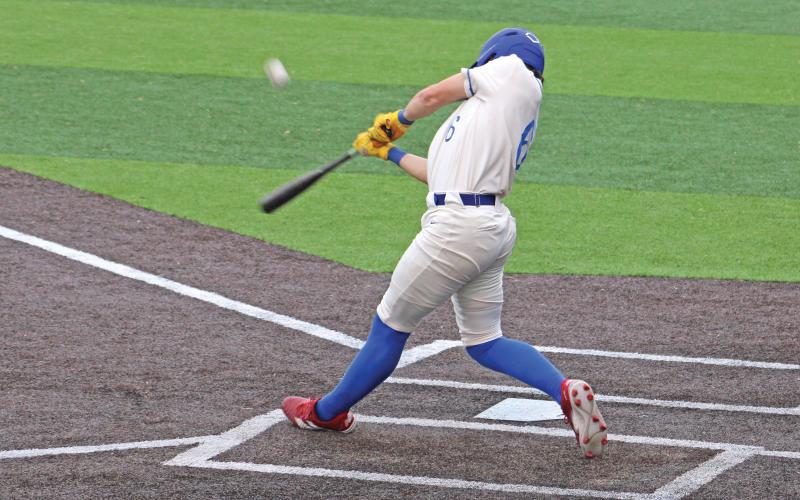 (ALEX HAVARDANSKY | THE GRAHAM LEADER) Tripp Mahaney swings at a pitch Thursday, April 17, while up at the plate. Mahaney is a rising senior to the team and will be a veteran leader next season.
