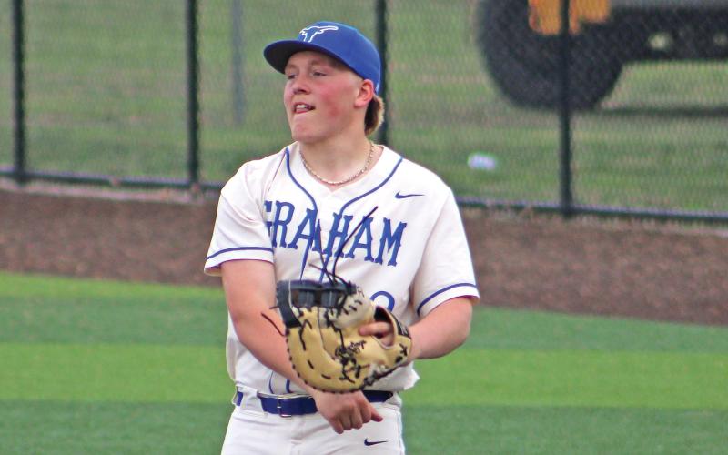 (ALEX HAVARDANSKY | THE GRAHAM LEADER) Colter Johnson throwing in warmups Thursday, April 17. Johnson was also a graduating senior whose defensive capabilities consistently improved.
