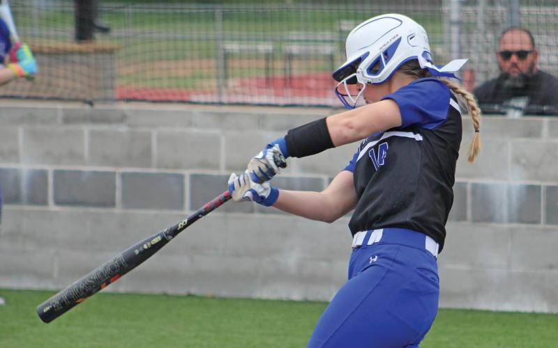 (ALEX HAVARDANSKY | THE GRAHAM LEADER) Larissa Warren up at the plate Friday, April 18 against the Mineral Wells Lady Rams. Warren was nominated second team All-District after transitioning to first base for the Lady Blues this season.