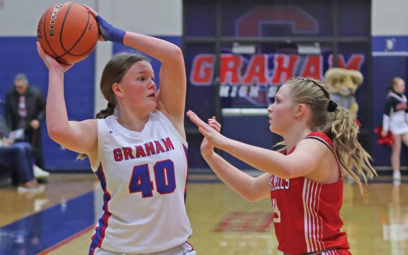 (THOMAS WALLNER | THE GRAHAM LEADER) Addyson Weaver looks for an open Lady Blues teammate during the Friday, Jan. 17 matchup against Mineral Wells. The game was a close match between the two teams before Graham pulled away in the fourth quarter.