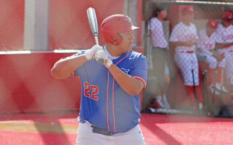 (ALEX HAVARDANSKY | THE GRAHAM LEADER) Tyson Louder ready to strike with his bat Tuesday, April 22 against the Glen Rose Tigers. Louder got the Steers on the board with his two run home run.