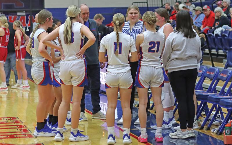 (THOMAS WALLNER | THE GRAHAM LEADER) Lady Blues head coach Baylee Thompson speaks with her team during a timeout in the Tuesday, Jan. 21 game against Glen Rose. The team will have a rematch with Brock at home Tuesday, Jan. 28.