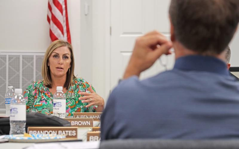 (THOMAS WALLNER | THE GRAHAM LEADER) Graham ISD Board of Trustees member Lauren Mahaney provides three reasons why a prospective superintendent should apply to take the position in Graham. The board met with Impact Education Specialists in a special meeting Thursday, Aug. 1 to establish a superintendent profile.