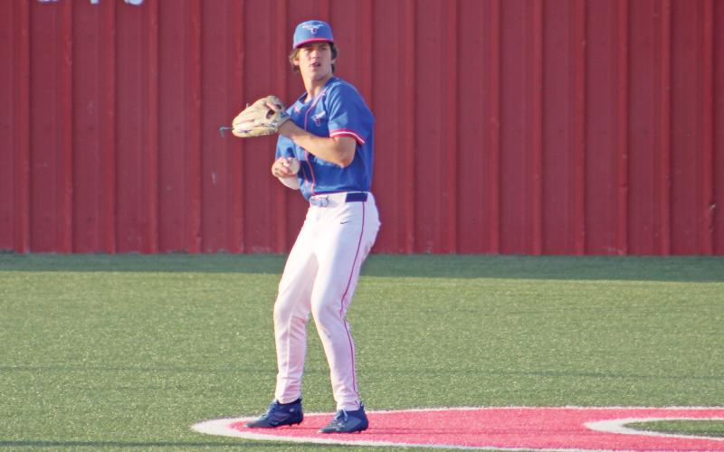 (ALEX HAVARDANSKY | THE GRAHAM LEADER) Bruin Wright in center field after catching a flyout Tuesday, April 22 against the Glen Rose Tigers. Wright was critical defensively in this game making several key outs in the outfield.