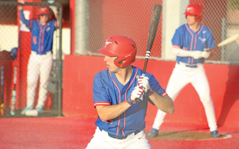 (ALEX HARVARDANSKY | THE GRAHAM LEADER) Ty Thompson up at the plate for the Steers in their matchup Tuesday, April 22 against the Glen Rose Tigers. Thompson gave the Steers the lead early after stealing home on a wild pitch Friday, April 25.