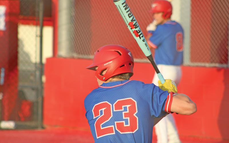 (ALEX HAVARDANSKY | THE GRAHAM LEADER) 	Ryder Taylor up at the plate Tuesday, April 22 against the Glen Rose Tigers. Taylor struck with the first big moment offensively when he hit a leadoff homer in the top of the fifth to give the Steers a 3-0 lead.