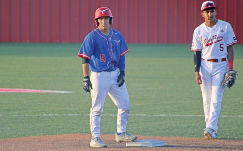 (ALEX HAVARDANSKY | THE GRAHAM LEADER) Mike Garcia aboard at second base after reaching on a base hit. Garcia has been a consistent leader for the Steers all season. 