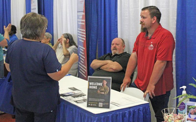 (ALEX HAVARDANSKY | THE GRAHAM LEADER) A booth at the Graham Regional Medical Center Community Health Fair shows off local resources Saturday, July 26 for veterans in Young County. New services will be provided to local veterans through the Dallas VA Medical Center.