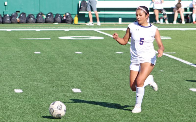 (ALEX HAVARDANSKY | THE GRAHAM LEADER) Mai Bara steps up on a fast break to once again try and net the Lady Blues a scoring opportunity towards the end of the second half of their match Tuesday, March 25.