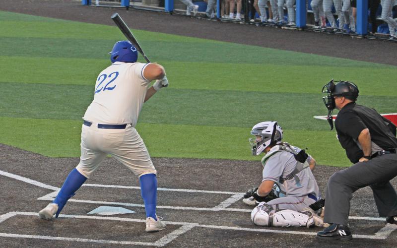 (ALEX HAVARDANSKY | THE GRAHAM LEADER) Steers designated hitter Tyson Louder also came through offensively in the bottom of the 4th against the Brock Eagles. Louder hit an RBI groundout for an added insurance run which extended the Steers lead to 8-1 during their matchup on Friday March, 28. 