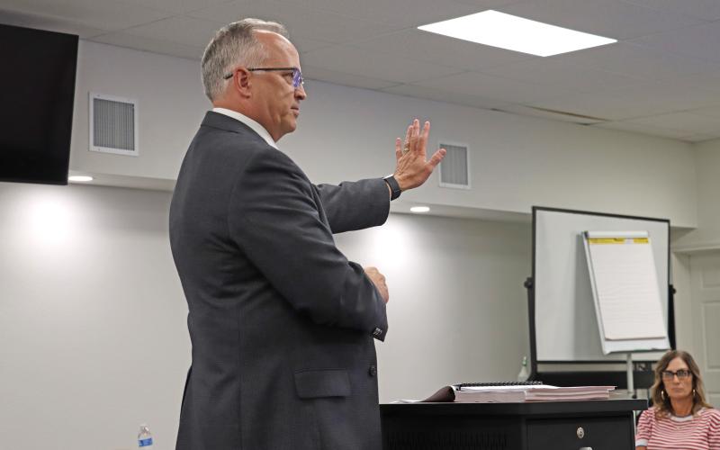 (THOMAS WALLNER | THE GRAHAM LEADER) Assistant Superintendent Robert Loomis speaks Wednesday, Aug. 6 with the Graham ISD Board of Trustees regarding the in-progress Student Code of Conduct. Within that document will be a new personal communication device policy in line with state law.