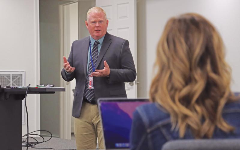 (THOMAS WALLNER | THE GRAHAM LEADER) Graham ISD CFO Gary Browning speaks to the school board in August regarding the budget for upcoming fiscal year. During the presentation he addressed concerns regarding attendance and enrollment across the district.