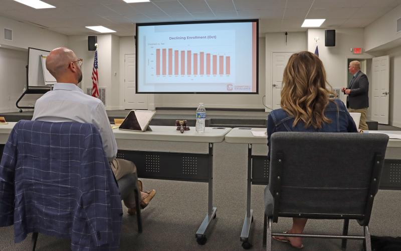 (THOMAS WALLNER | THE GRAHAM LEADER) Graham ISD Board President Chris Blanton (left) and board member Lauren Mahaney listen to a budget presentation Wednesday, Aug. 6 from Chief Financial Officer Gary Browning. A public hearing will be held Wednesday, Aug. 27 for the budget and tax rate.