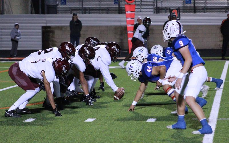 (TC GORDON | THE GRAHAM LEADER) Graham’s defense lines up opposite Hillsboro’s offense during the bi-district championship match-up between the two teams Friday, Nov. 10. The Steers dominated the Eagles 56-0 and will move on to the area round of the playoffs.