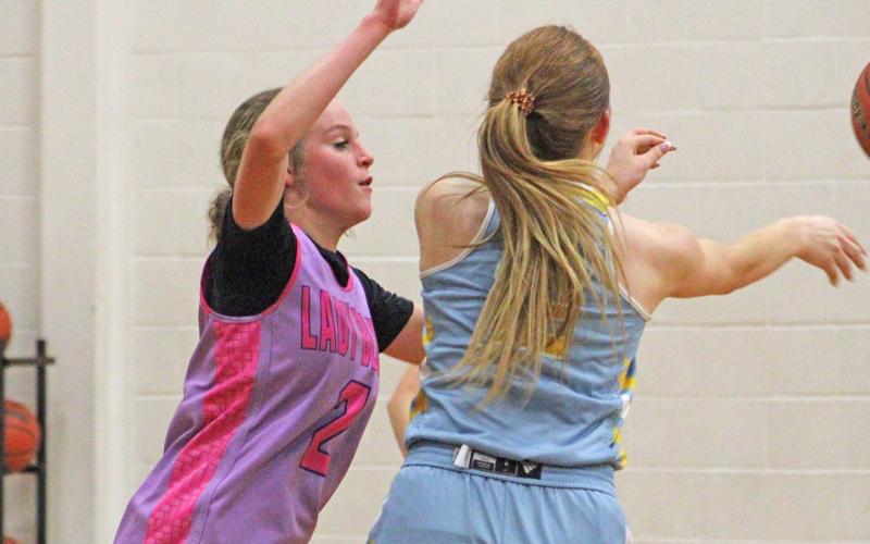 (ALEX HAVARDANSKY | THE GRAHAM LEADER) Bentleigh Martin plays on ball defense Thursday, May 1 against the Huckabay Lady Indians. The Lady Blues lost to the Lady Indians 32-17 in the contest. 