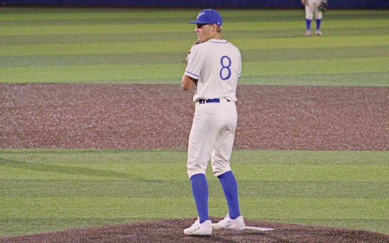 (ALEX HAVARDANSKY | THE GRAHAM LEADER) Harison Brockway pitching in relief of Mike Garcia in the Steers matchup against the Brock Eagles on Friday March, 28. Brockway would come up clutch late in this game getting a pivotal final out after a controversial call at first base.