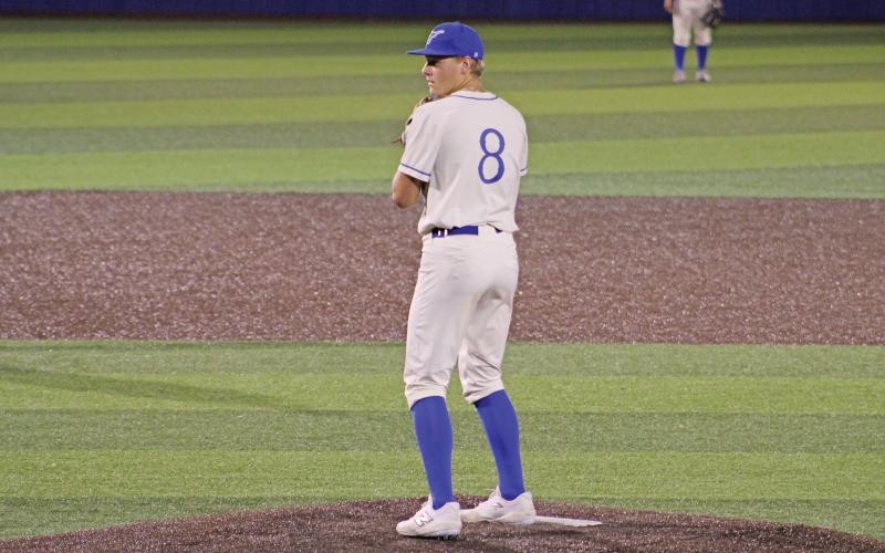 (ALEX HAVARDANSKY | THE GRAHAM LEADER) Harison Brockway pitching in relief of Mike Garcia in the Steers matchup Friday, March 28 against the Brock Eagles.