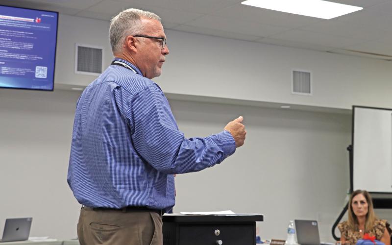 (THOMAS WALLNER | THE GRAHAM LEADER) Chief of Student Services Joe Gordy speaks Tuesday, Aug. 12 with the GISD Board of Trustees. Gordy spoke on local policy changes recommended by the Texas Association of School Boards.