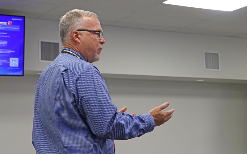 (THOMAS WALLNER | THE GRAHAM LEADER) Chief of Student Services Joe Gordy speaks Tuesday, Aug. 12 with the GISD Board of Trustees regarding the 2025-2026 Student Code of Conduct. One change this year will be the new communication device policy.