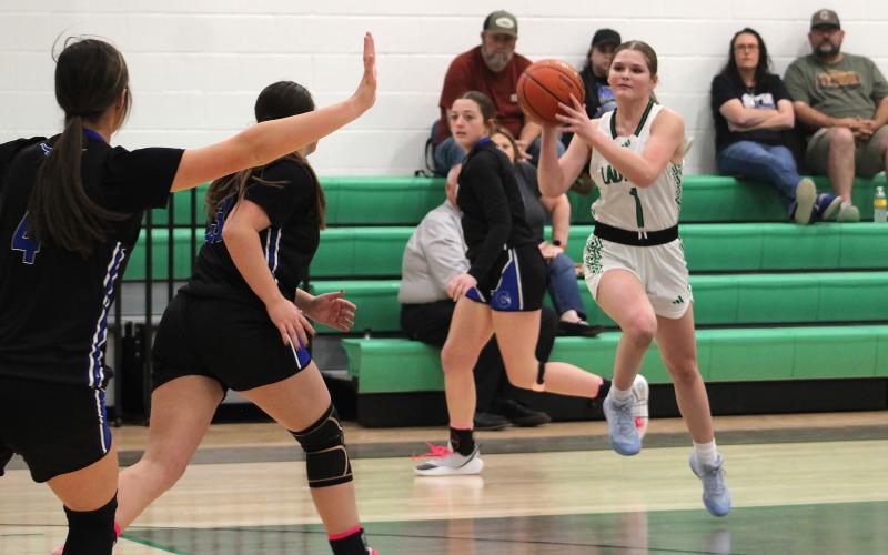 (ALEX HAVARDANSKY | THE GRAHAM LEADER) Camren Mallory throws a jump pass in one of the Ladycats’ previous matchups. The Ladycats fought hard in their bi-district matchup Monday, Feb. 16 against Saint Jo but lost a thriller 29-27. 