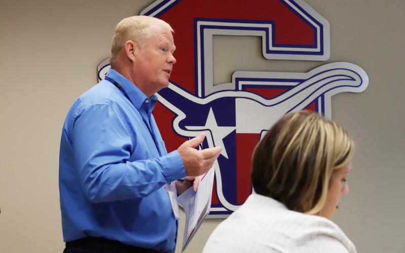 (THOMAS WALLNER | THE GRAHAM LEADER) Graham ISD Chief Financial Officer Gary Browning speaks with the GISD Board of Trustees in August during their meeting where they adopted their 2025-2026 budget and tax rate. The district recently launched a tool for the community to explain aspects of school finance.