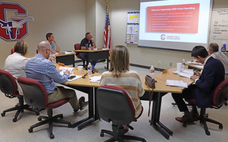 (THOMAS WALLNER | THE GRAHAM LEADER) The Graham ISD Board of Trustees hears a presentation from Chief Financial Officer Gary Browning during a public hearing and budget presentation held Wednesday, Aug. 27 at the GISD Administration Building.