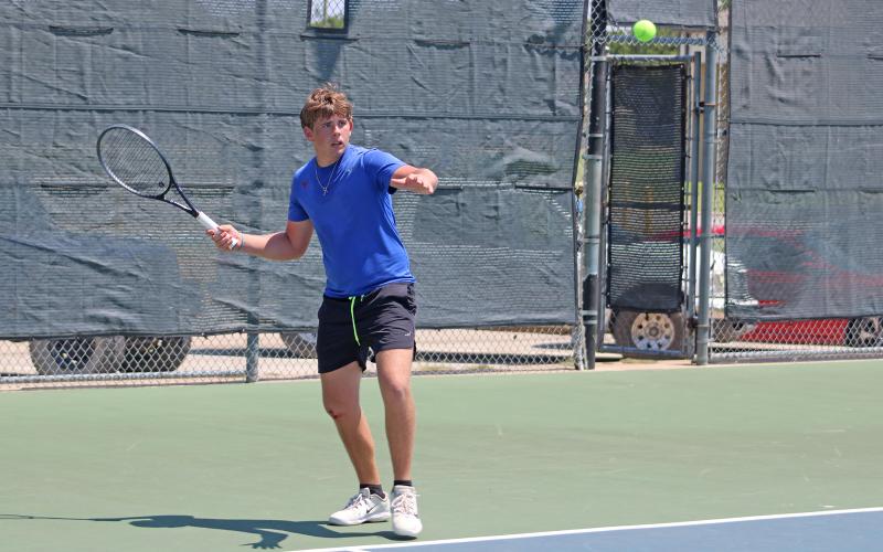 (ALEX HAVARDANSKY | THE GRAHAM LEADER) Tyler Bryan prepares to return a serve Wednesday, Aug. 6, against Stephenville. Bryan picked up an 8-5 singles win to give Graham the win on the day.