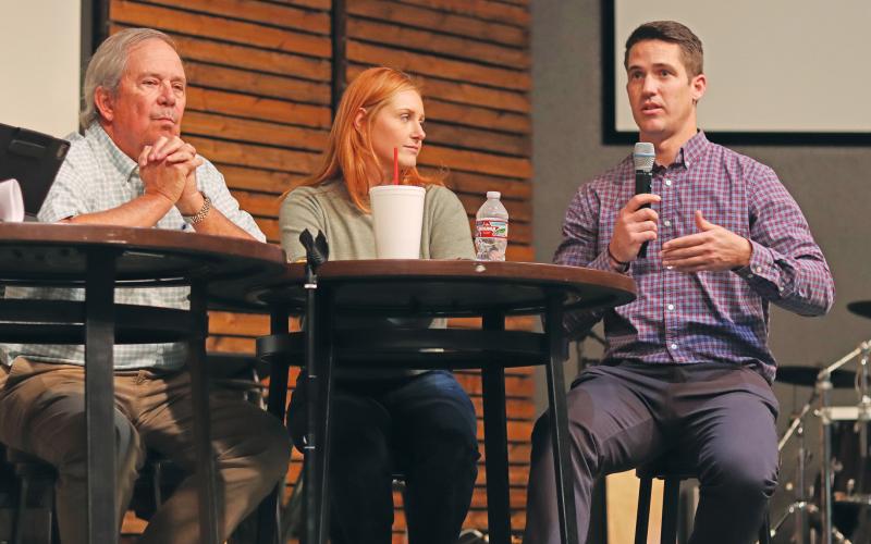 (THOMAS WALLNER | THE GRAHAM LEADER) Headwaters Site Development Senior Project Development Manager Curtis Miller (at right) answers questions during a meeting held by Concerned Citizens of Young County regarding a data center.