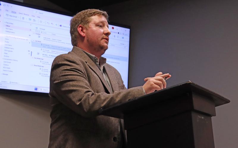 (THOMAS WALLNER | THE GRAHAM LEADER) Dalton Aiken with Public Management Inc. goes over aspects of the planning process for the city comprehensive plan. The city will work with the company along with others to develop a plan for the future of Graham.