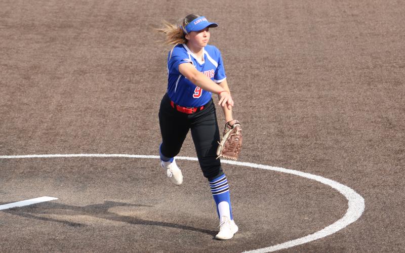 (ALEX HAVARDANSKY | THE GRAHAM LEADER) Pitcher Ruby Shaffer takes the mound for the Lady Blues in the top of the first inning during their Tuesday, April 1 matchup against the Lady Rams. Graham defeated Mineral Wells 6-5.